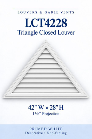 LCT4228 LCT4228 Triangle Closed Louver — 42″ W × 28″ H — Primed White, primed white, 42 inches wide by 28 inches high
