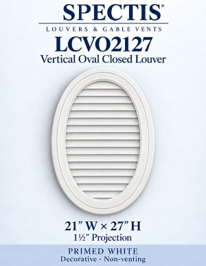 LCVO2127 Vertical Oval Closed Louver — 21″ W × 27″ H — Primed White — 1½″ projection; decorative, non-venting