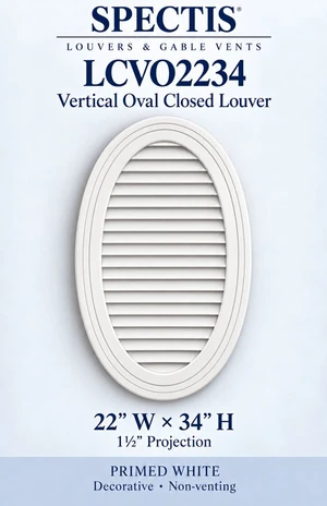 LCVO2234 Vertical Oval Closed Louver — 22″ W × 34″ H — Primed White — 1½″ projection; decorative, non-venting