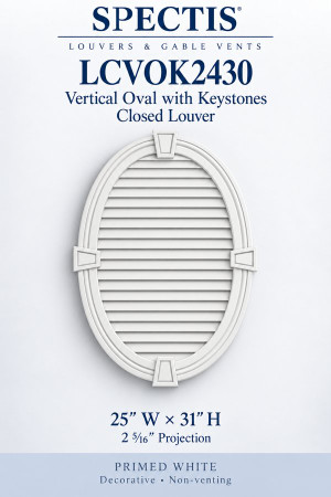 LCVOK2430 Vertical Oval with Keystones Closed Louver — 25″ W × 31″ H — Primed White; 2 5/16″ projection; decorative, non-venting