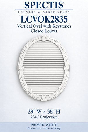 LCVOK2835 Vertical Oval with Keystones Closed Louver — 29″ W × 36″ H — Primed White; 2 5/16″ projection; decorative, non-venting