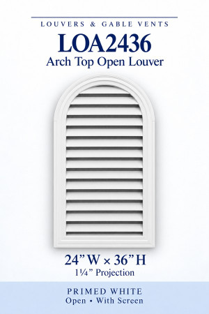 LOA2436 Arch Top Open Louver Vent — 24″ W × 36″ H — Primed White