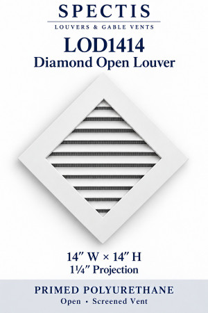 LOD1414 Diamond Open Louver — 14″ W × 14″ H × 1¼″ projection — screened vent