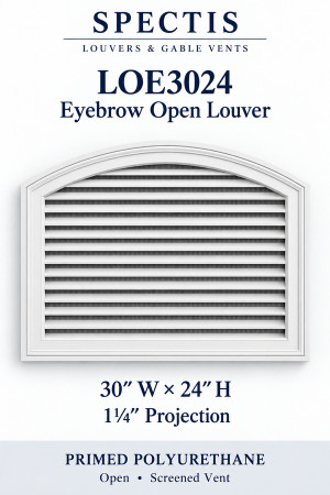 LOE3024 Eyebrow Open Louver — 30″ W × 24″ H × 1¼″ projection — screened vent