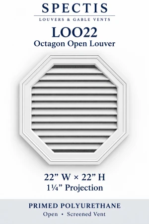 LOO22 Octagon Open Louver — 22″ W × 22″ H × 1¼″ projection — screened vent