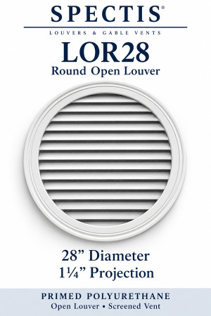LOR28 Round Open Louver — 28″ W × 28″ H × 1¼″ projection — screened vent