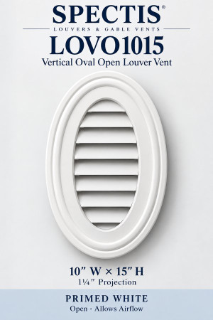 LOVO1015 Vertical Oval Open Louver Vent — 10″ W × 15″ H — Primed White — 1¼″ projection; open airflow
