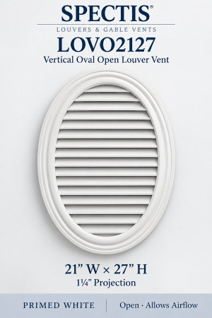 LOVO2127 Vertical Oval Open Louver Vent — 21″ W × 27″ H — Primed White — 1¼″ projection; open airflow