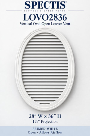 LOVO2836 Vertical Oval Open Louver Vent — 28″ W × 36″ H — Primed White — 1¼″ projection; open airflow
