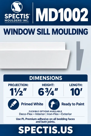 Spectis MD1002 window sill moulding, moulding section and side profile. 1½ inch projection, 6¾ inch height, 10 foot length. Deco-Flex interior and Iron-Flex exterior options. Use PL Premium adhesive.