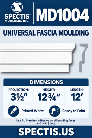 Spectis MD1004 universal fascia moulding, section and side profile. 3½″ projection, 12¾″ height, 12′ length. Primed polyurethane; use PL Premium adhesive.