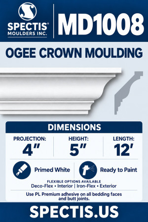 Spectis MD1008 ogee crown moulding, section and side profile. 4″ projection, 5″ height, 12′ length. Deco-Flex interior and Iron-Flex exterior options. Use PL Premium adhesive on bedding faces and butt joints.