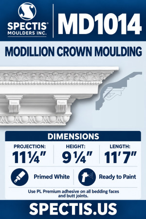 MD1014 modillion crown moulding with ornamental leaf and bead bands and scroll-shaped modillions. 11¼″ projection x 9¼″ height x 11′7″ length; CAD-derived side profile.