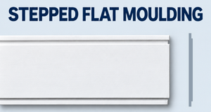 MD1023 stepped flat moulding — ¾ inch projection, 14 inch height, 12 foot length; primed white. Product face and CAD-derived grey side profile.