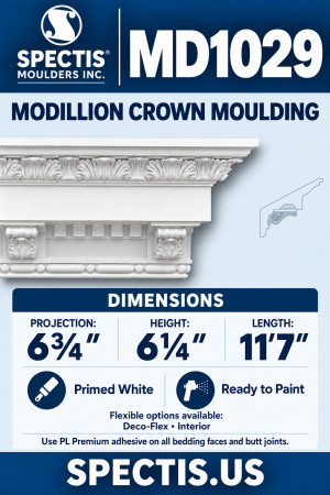 MD1029 Modillion Crown Moulding, 6¾″ projection × 6¼″ height × 11′7″ length; primed white with manufacturer CAD side profile