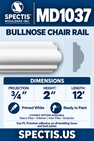 MD1037 Bullnose Chair Rail, ¾″ projection × 2″ height × 12′ length; primed polyurethane with manufacturer CAD side profile