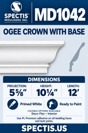MD1042 Ogee Crown Moulding with Base — Polyurethane — 5⅝″ P × 10¼″ H × 12′ L; primed white product face and CAD-derived grey side profile.