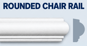MD1043 at a glance: MD1043 Rounded Chair Rail Moulding, product face and CAD-derived grey side profile.