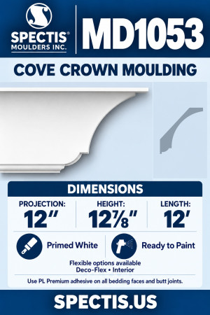 MD1053 Cove Crown Moulding, 12″ projection × 12⅞″ height × 12′ length; primed polyurethane with manufacturer CAD side profile