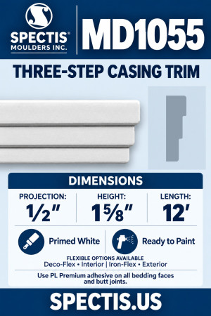 MD1055 Three-Step Casing Trim, ½″ projection × 1⅝″ height × 12′ length; primed polyurethane with manufacturer CAD side profile