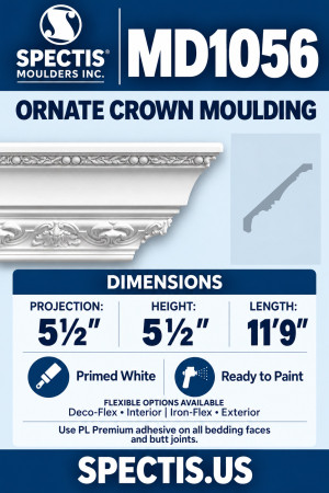 MD1056 Ornate Crown Moulding, 5½″ projection × 5½″ height × 11′9″ length; primed polyurethane with manufacturer CAD side profile