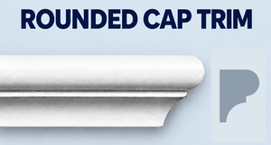 MD1059 Rounded Cap Trim — Polyurethane — ¾″ P × 1″ H × 10′ L — moulding and CAD-derived grey side profile