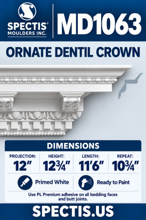 MD1063 Ornate Dentil Crown Moulding — Polyurethane — 12″ P × 12¾″ H × 11′6″ L — product dimensions and side profile