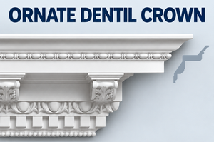 MD1063 Ornate Dentil Crown Moulding — Polyurethane — 12″ P × 12¾″ H × 11′6″ L — moulding and side profile