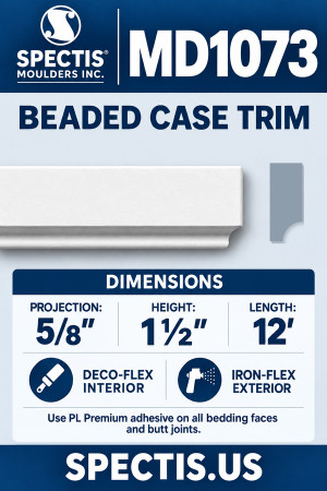 MD1073 Beaded Case Trim — Polyurethane — ⅝″ P × 1½″ H × 12′ L — dimensions, finish and available material options