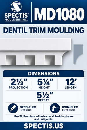 MD1080 Dentil Trim Moulding — Polyurethane — 2½″ P × 5¼″ H × 12′ L — dimensions, finish and available material options