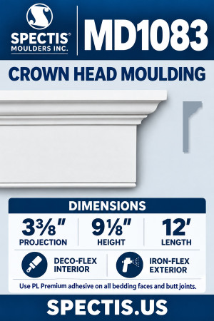 MD1083 Crown Head Moulding — Polyurethane — 3⅜″ P × 9⅛″ H × 12′ L — dimensions, finish and available material options