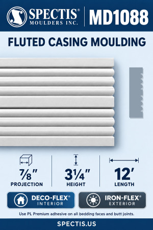 MD1088 Fluted Casing Moulding — Polyurethane — ⅞″ P × 3¼″ H × 12′ L — dimensions, finish and available material options