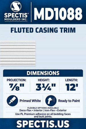 Spectis MD1088 fluted casing trim, section and side profile. ⅞ inch projection, 3¼ inch height, 12 foot length. Use PL Premium adhesive. Flexible options: Deco-Flex for interior use; Iron-Flex for exterior use.