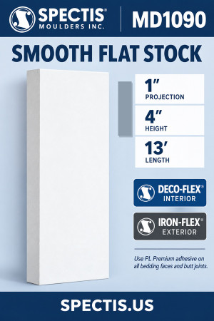 MD1090 Smooth Flat Stock — Polyurethane — 1″ P × 4″ H × 13′ L — dimensions, finish and available material options