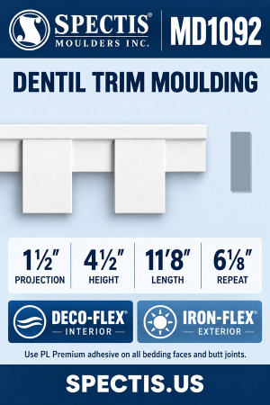 MD1092 Dentil Trim Moulding — Polyurethane — 1½″ P × 4½″ H × 11′8″ L — dimensions, finish and available material options
