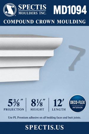 MD1094 Compound Crown Moulding — Polyurethane — 5⅜″ P × 8⅛″ H × 12′ L — dimensions, finish and available material options