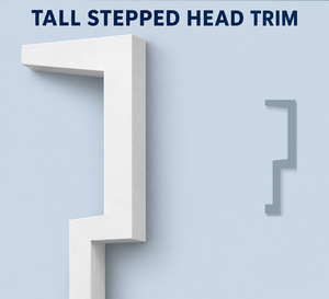 MD1095 Tall Stepped Head Trim — Polyurethane — 4″ P × 15″ H × 12′ L — moulding and grey side profile