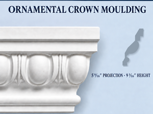 MD1096 Ornamental Crown Moulding — Polyurethane — 5 9/16″ P × 9 3/16″ H × 12′ L — moulding and grey side profile