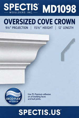 MD1098 Oversized Cove Crown — Polyurethane — 9½″ P × 15½″ H × 12′ L — dimensions, finish and available material options