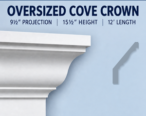 MD1098 Oversized Cove Crown — Polyurethane — 9½″ P × 15½″ H × 12′ L — moulding and grey side profile