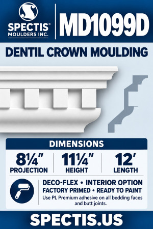MD1099D Dentil Crown Moulding — 8¼″ projection × 11¼″ height × 12′ length — Deco-Flex interior option