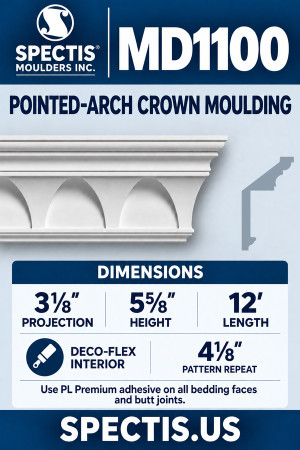 MD1100 Spectis Pointed-Arch Crown Moulding 3⅛″P x 5⅝″H x 12′L — product dimensions and material options