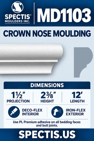 MD1103 Spectis Crown Nose Moulding 1½″P x 2⅜″H x 12′L — product dimensions and material options