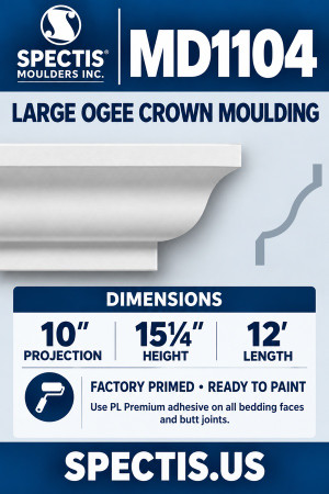 MD1104 Large Ogee Crown Moulding — 10″ projection × 15¼″ height × 12′ length — factory-primed polyurethane