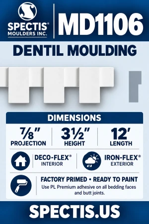 MD1106 Dentil Moulding — ⅞″ projection × 3½″ height × 12′ length — Deco-Flex interior and Iron-Flex exterior options