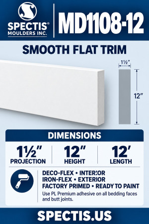 MD1108-12 Smooth Flat Trim — 1½″ projection × 12″ height × 12′ length