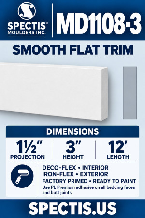 MD1108-3 Smooth Flat Trim — 1½″ projection × 3″ height × 12′ length