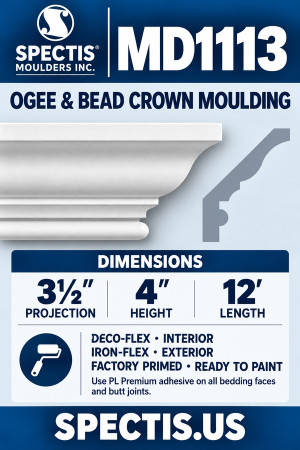 MD1113 Ogee & Bead Crown Moulding — 3½″ projection × 4″ height × 12′ length