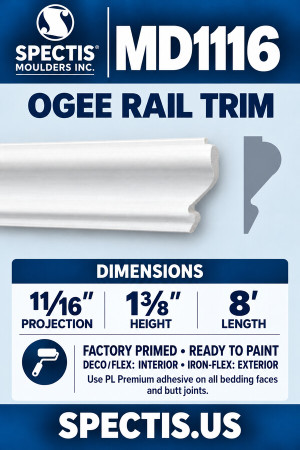 MD1116 Ogee Rail Trim — 11/16″ projection × 1⅜″ height × 8′ length
