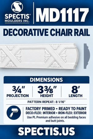 MD1117 Decorative Chair Rail — ¾″ projection × 3⅜″ height × 8′ length